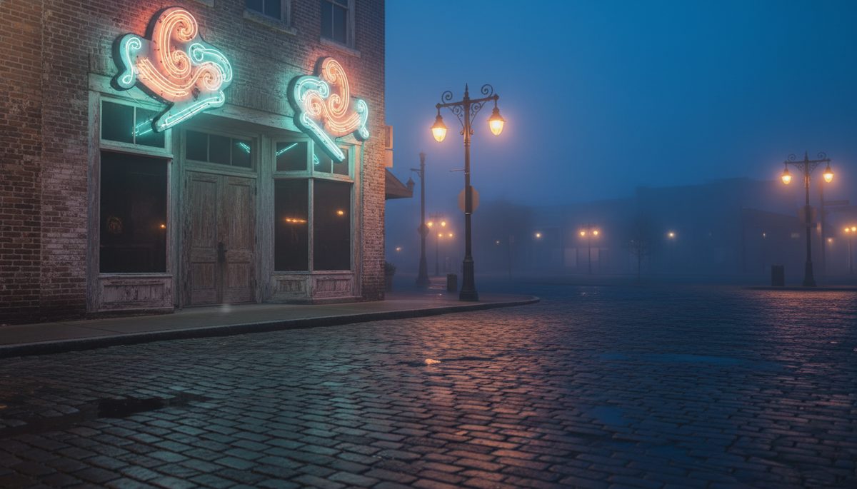 A historic Memphis Beale Street-style storefront at twilight with vintage neon signs glowing pastel against a wet cobblestone street.