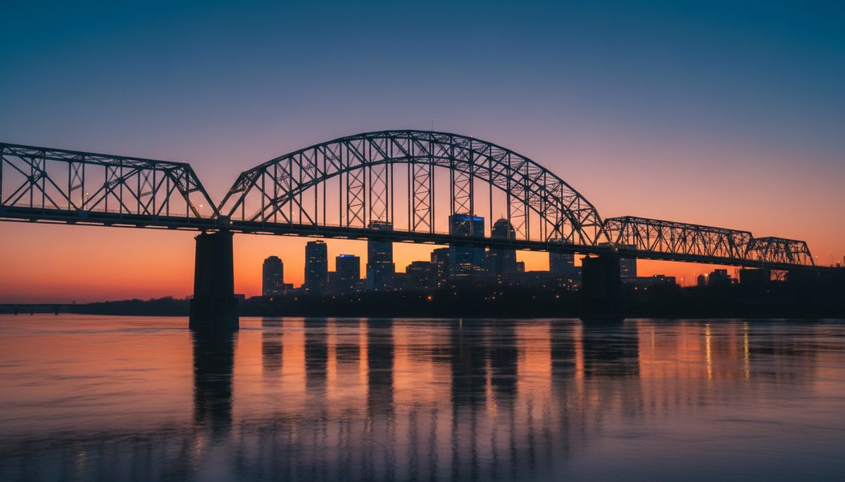 A steel-truss bridge spanning the Mississippi River at twilight with a Memphis-style skyline in the background.