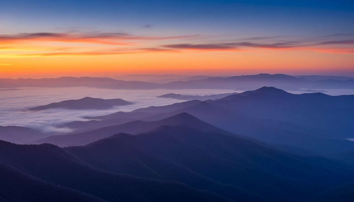 Layered Smoky Mountain ridges at sunrise fading into mist toward the horizon.